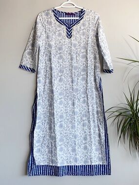 White & Blue Printed layered cotton kurta Dress